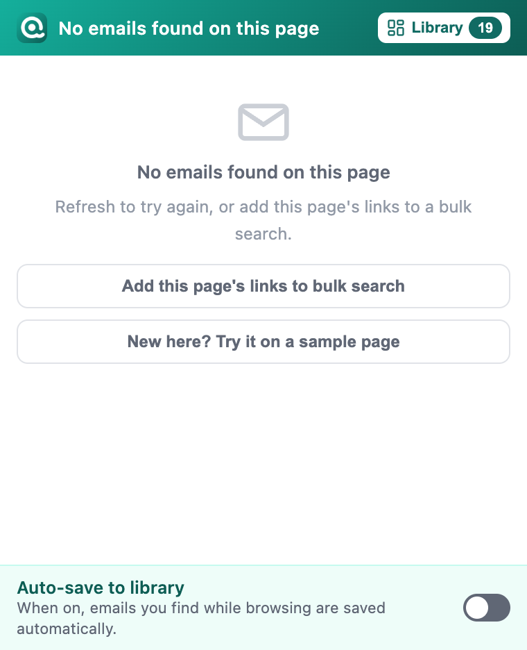 Email Extractor Plus popup on the sample directory page: No emails found on this page, with buttons to add this page's links to bulk search and to try a sample page