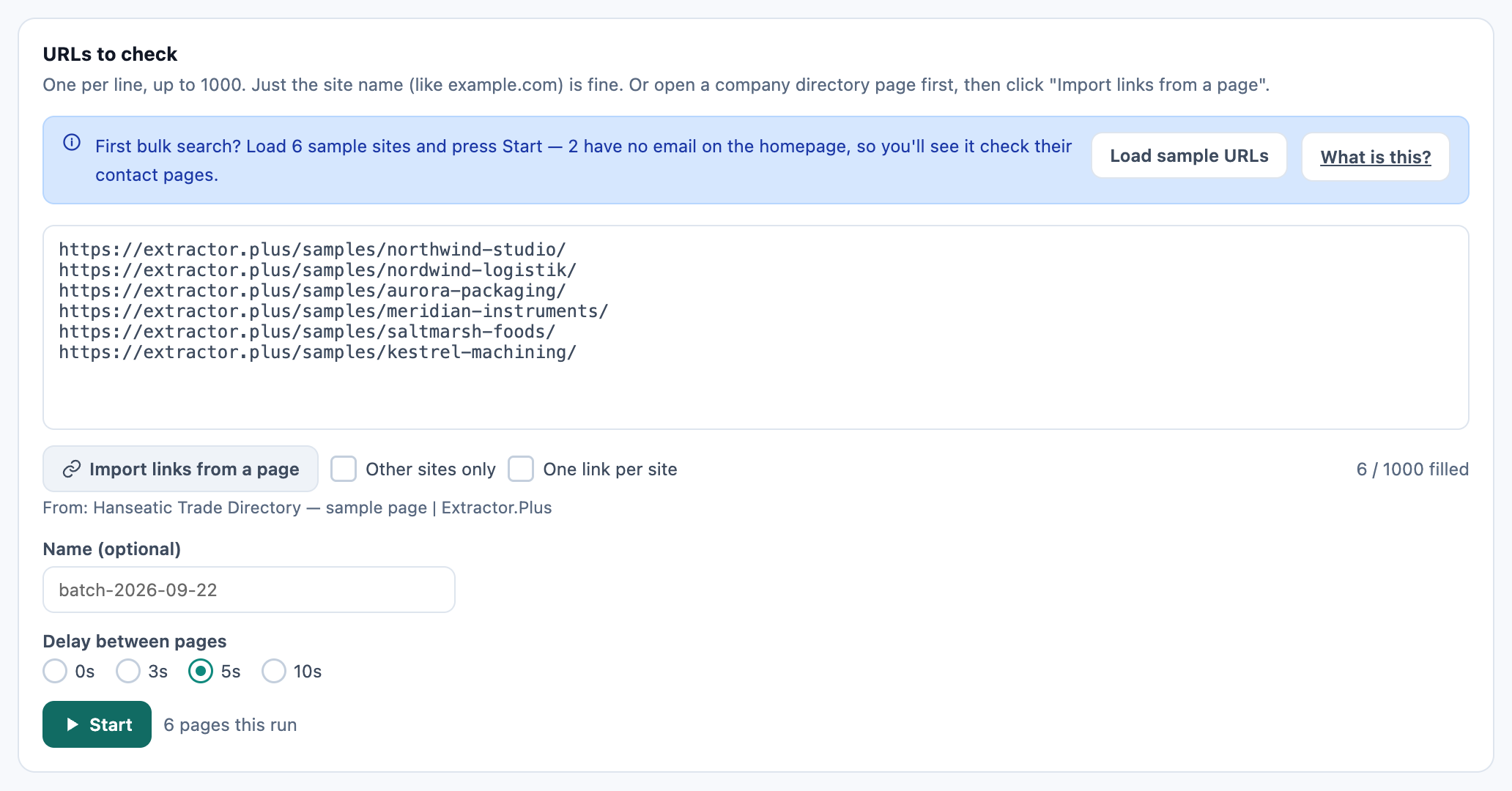 Bulk search with six sample company URLs in URLs to check, imported from the Hanseatic Trade Directory sample, a 5s delay selected and a Start button showing 6 pages this run