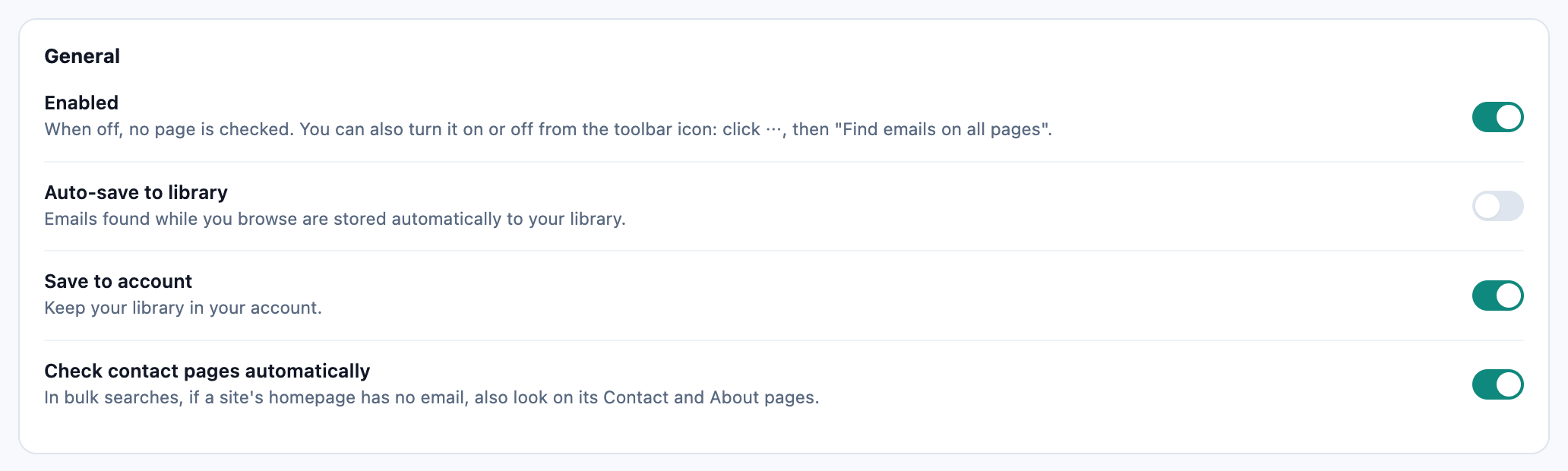Settings page with Enabled, Auto-save to library, Save to account and Check contact pages automatically, the last one switched on