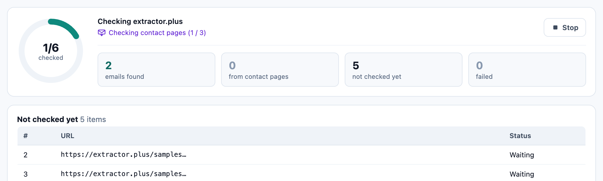 A bulk search in progress: 1 of 6 sites checked, 2 emails found, and the second site's homepage had none, so it is checking that site's contact pages (1 / 3); 5 not checked yet, 0 failed, with a Stop button