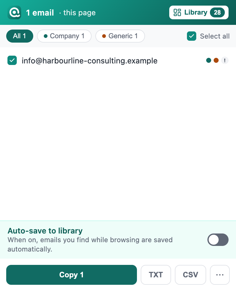 Email Extractor Plus popup on the Harbourline Consulting homepage listing one email, info@harbourline-consulting.example, with Company and Generic dots and a grey unusual-ending mark