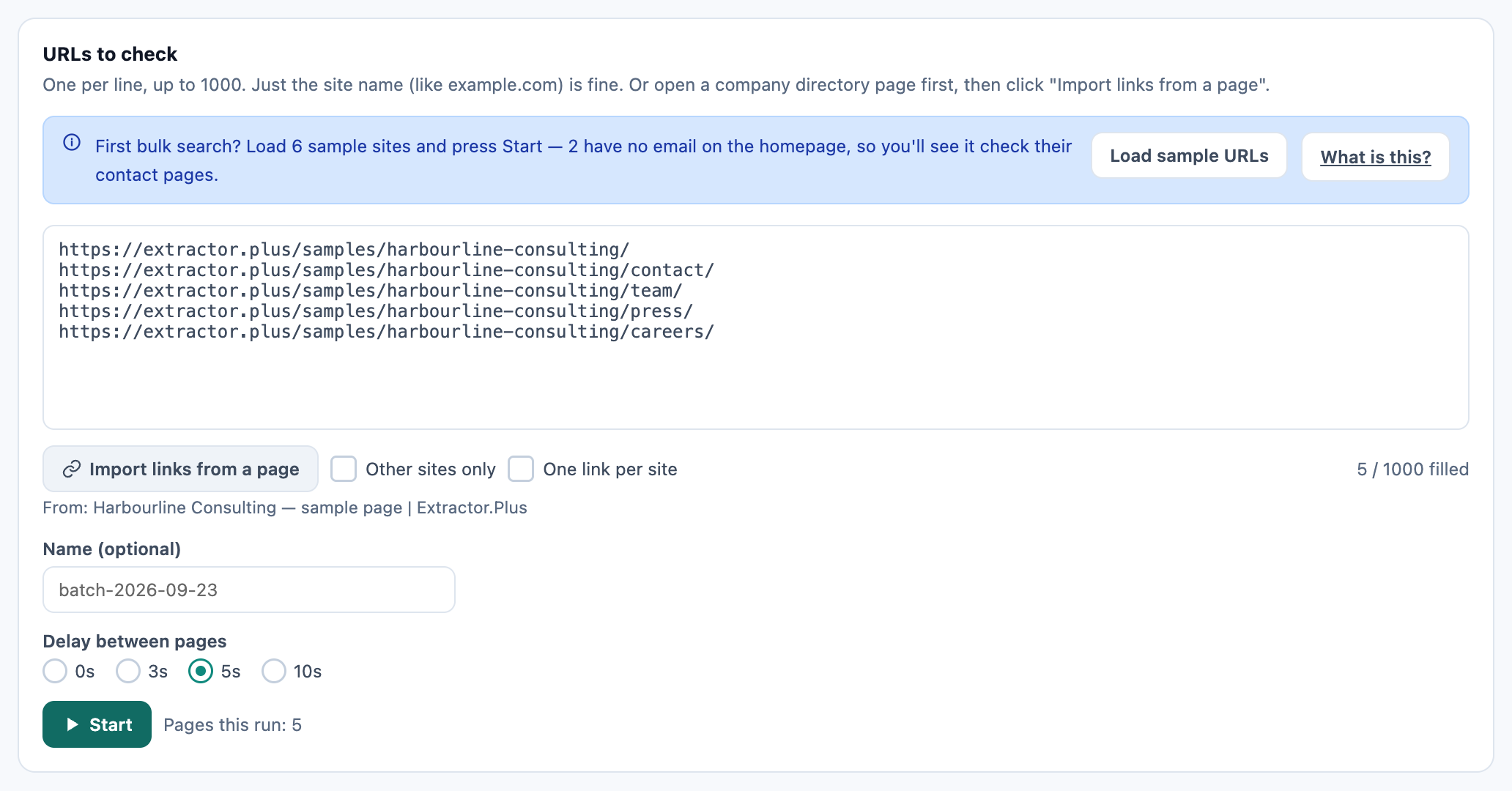 Bulk search with five Harbourline Consulting URLs in URLs to check — the homepage plus its contact, team, press and careers pages — Other sites only and One link per site both unticked, and From: Harbourline Consulting — sample page | Extractor.Plus under the import button