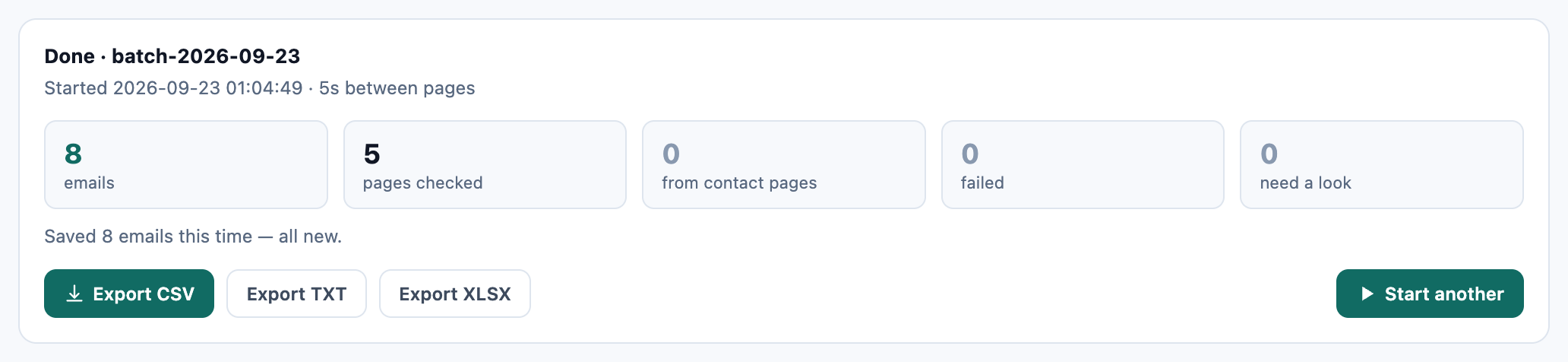 Finished bulk search card for the Harbourline Consulting pages: 8 emails, 5 pages checked, 0 from contact pages, 0 failed, 0 need a look, and Saved 8 emails this time — all new