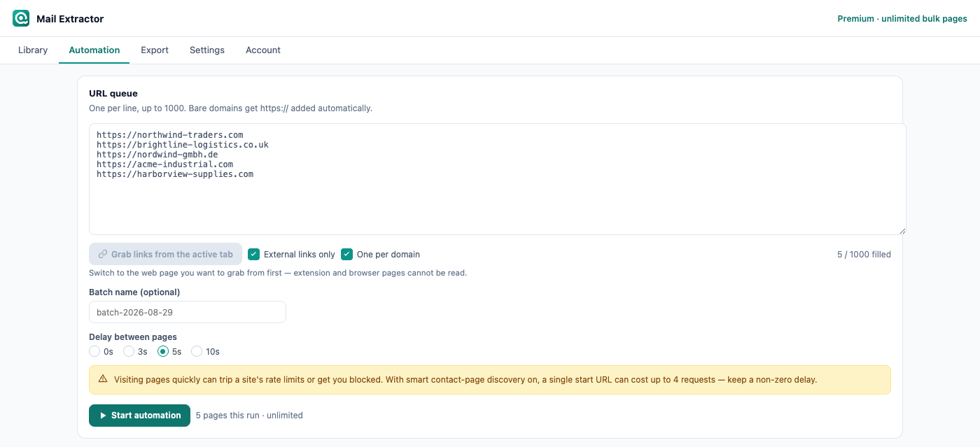 The automation panel with a queue of company URLs, filter switches and a delay setting