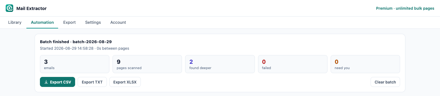 A finished batch: three emails from nine pages scanned, two of them found on a contact page rather than the homepage