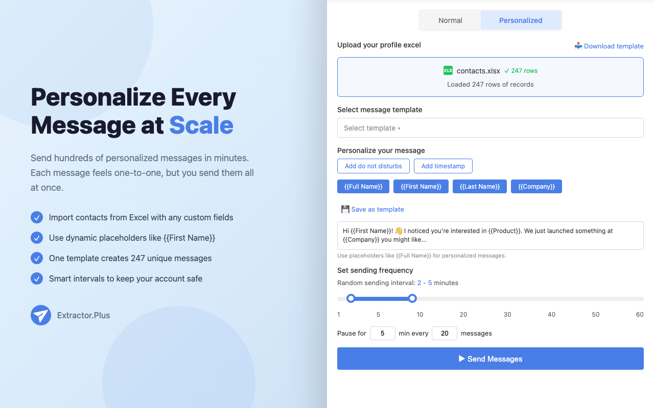 Messenger DM Bot personalized message editor - Excel import, dynamic placeholders like First Name and Company, smart sending intervals