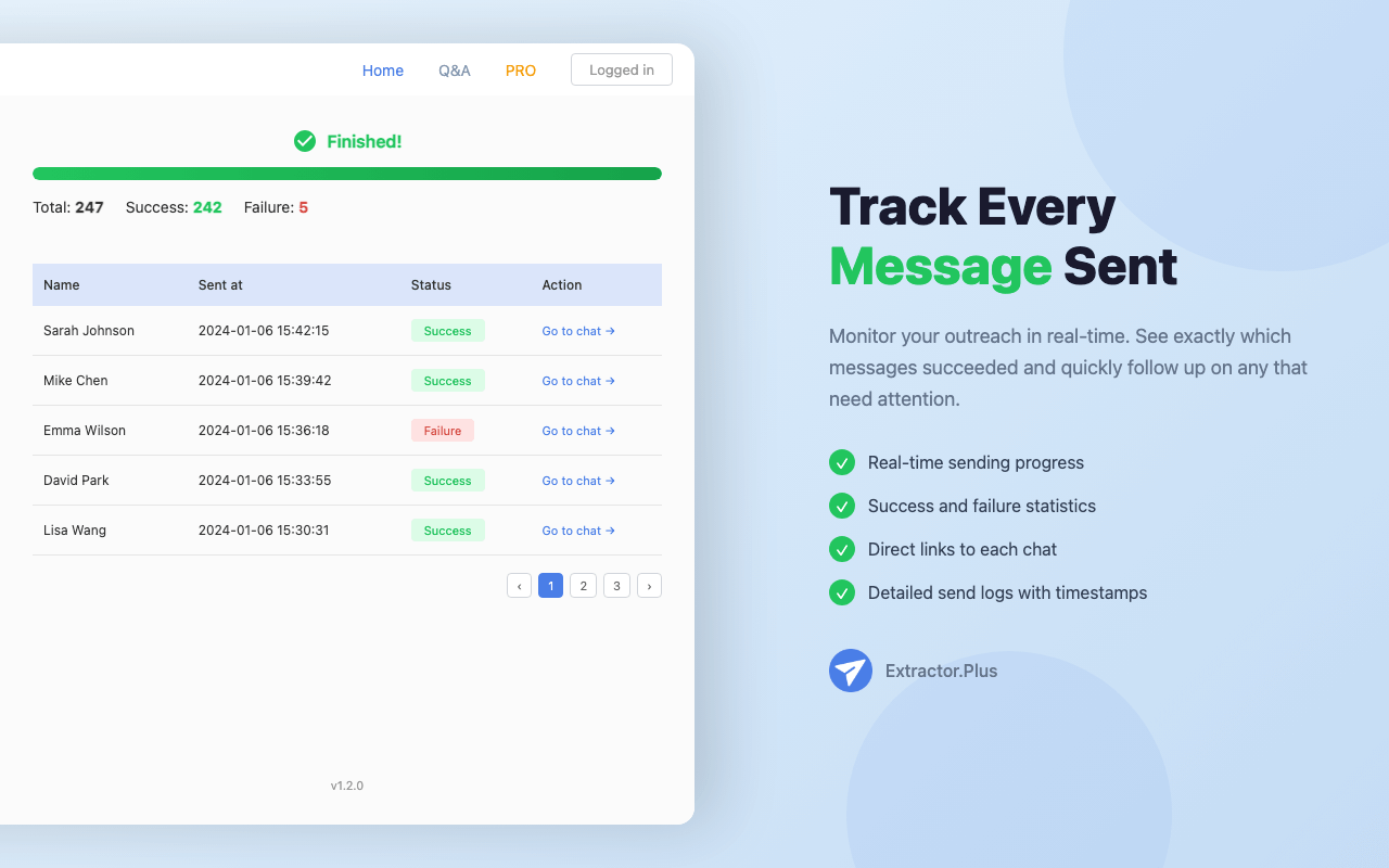 Messenger DM Bot sending progress dashboard - real-time tracking, success and failure statistics, direct chat links